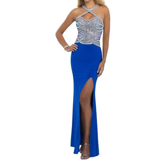 NEW BLUSH PROM jeweled halter neck jersey gown in...